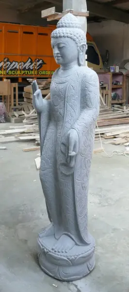 Product image 4 of the product “Standing Buddha with floral carving, Abudaya position. 51 x 33 x 175cm. Natural stone (river stone), stonemasonry ”